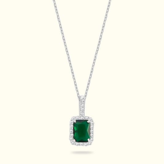 Emerald Silver Pendant Necklace with Silver Chain for Women