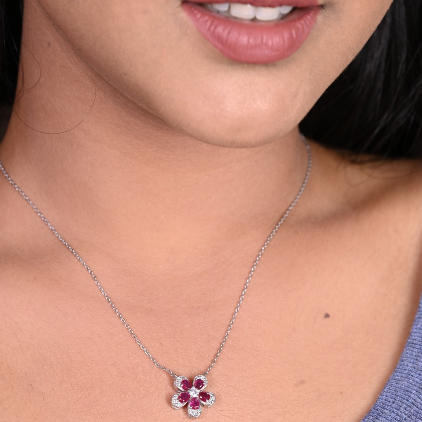 Ruby Flower Silver Pendant for Women