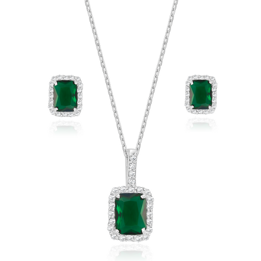 Emerald Silver Pendant with Chain and Earrings